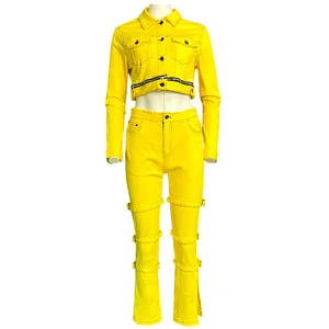 Factory Custom Short Top Denim Suit Women's Casual Raw Edge Jeans Two-piece Set