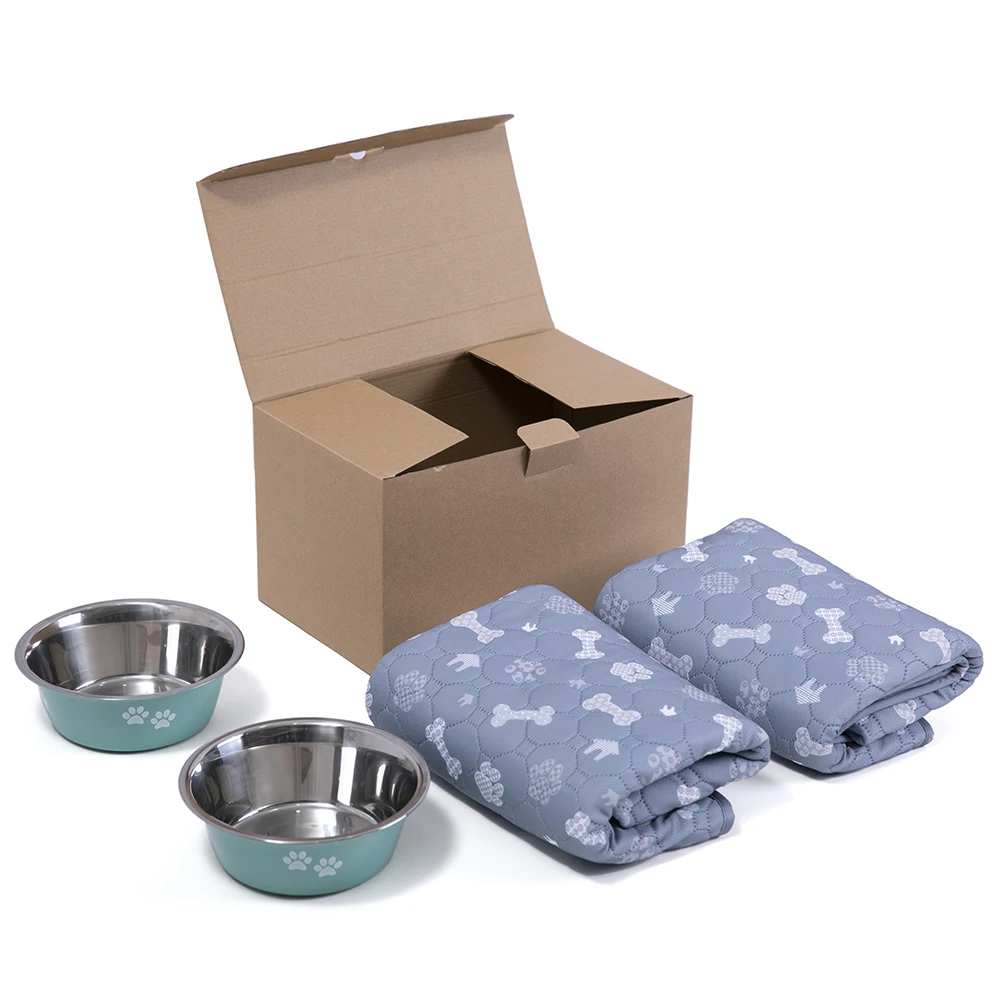 Novo 2 pces 860ml tigelas de aço inoxidável para animais de estimação com 2 pces 70*100cm lavável almofada de xixi para animais de estimação reutilizável conjunto de alimentação para cães e gatos