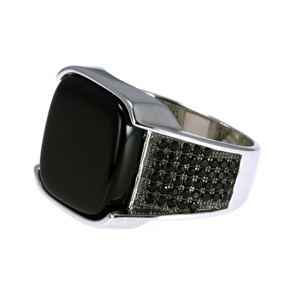 Guaranteed 925 Sterling Silver Rings Antique Turkish Ring Jewellery for Men With Square Black Natural Stones Simple Design