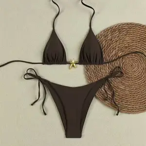 Custom Women Two Piece High Waist V-neck Solid Bikini with Belt Set Front Logo Stretch 2026 Luxury Designer Swimsuit