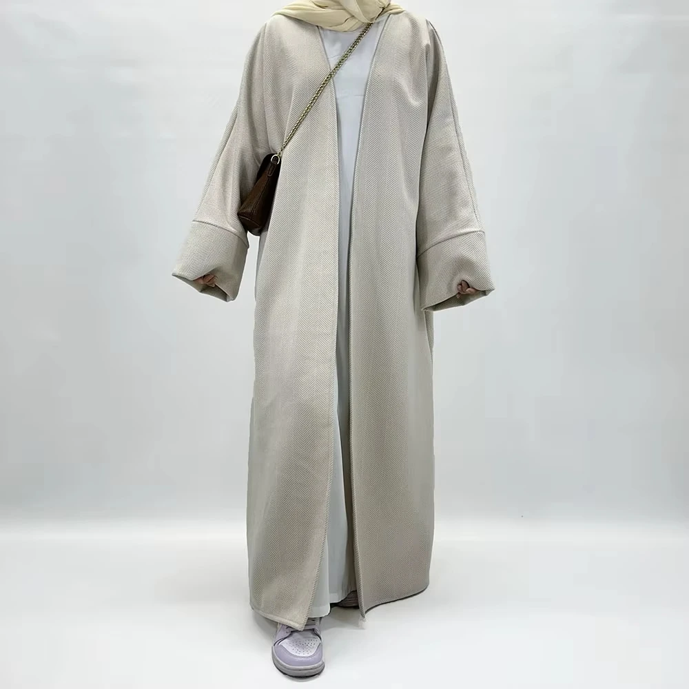 Open Woolen Abaya Modest Coats With Pockets Turkish Muslim Women Dress Ramadan Thick Islamic Clothing Wholesale Winter Abaya