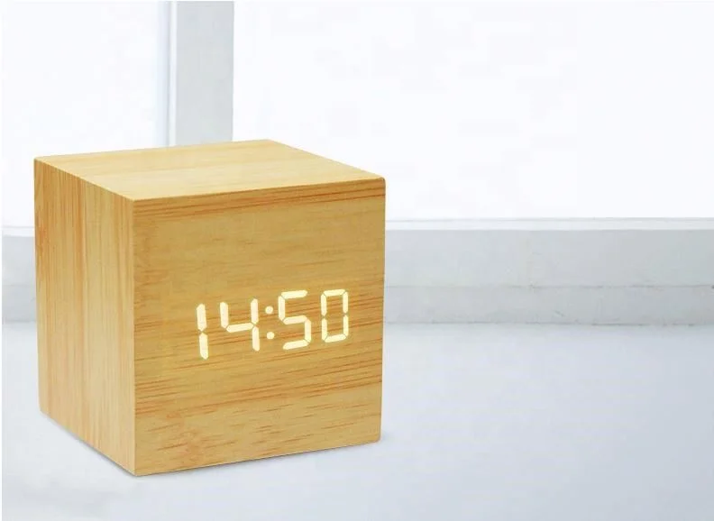 Free Shipping Mini Cube Wooden Clock Voice Control Electronic Desk Clock with LED Digital Table Watch Snooze Cute Alarm Clock Fo