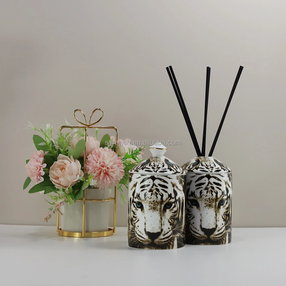 Synwish Aroma Reed Diffuser Bottle Stone Scented Candle Set Ceramic Candle Vessels Tiger Face Jar Holders With Lids