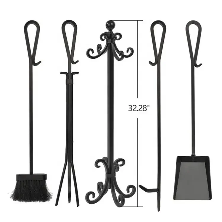 5 Pieces Fireplace Tools Set Cast Iron Indoor Firewood Tools Include Antique Stand Brush Shovel Tong Poker