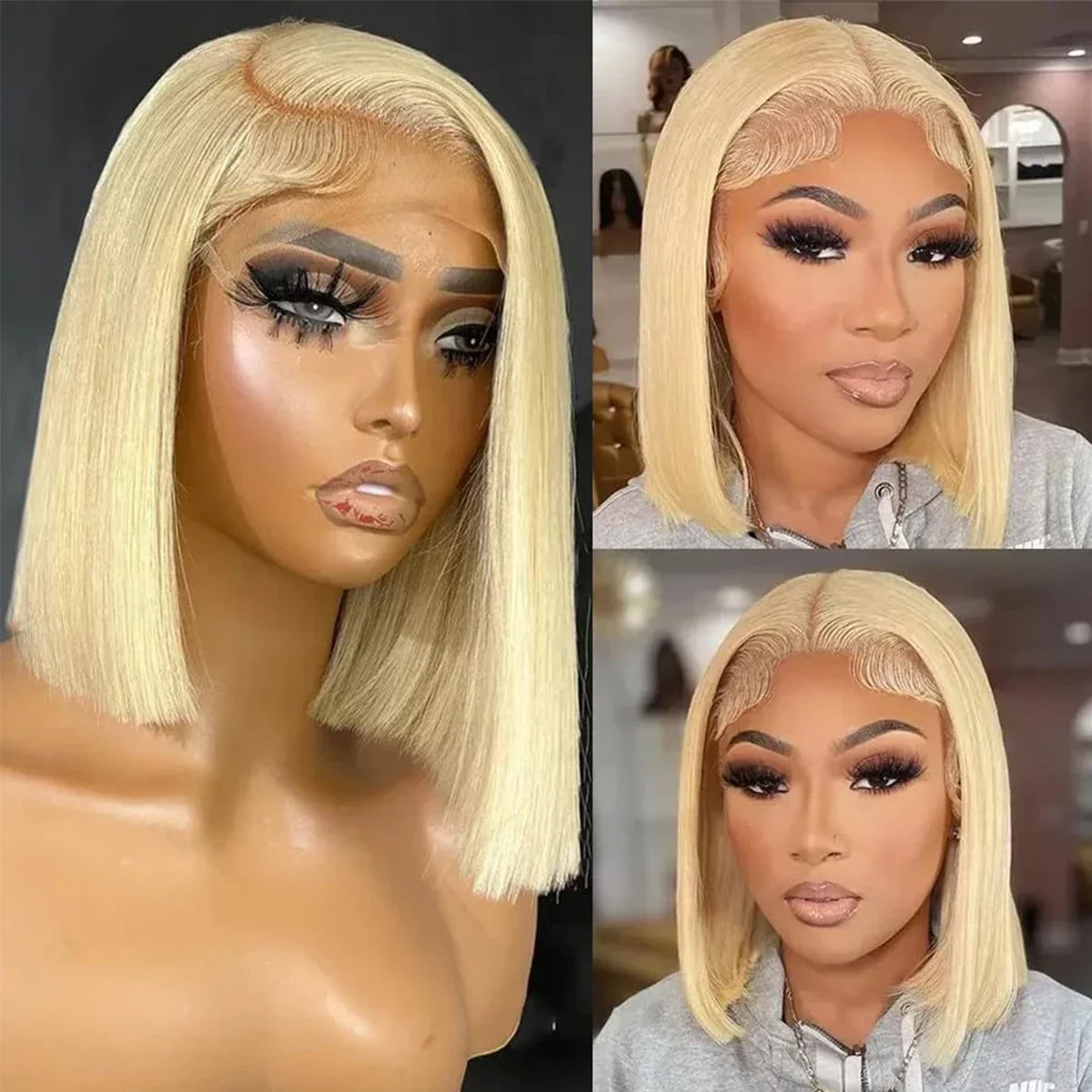 613 Honigblond Kurze Bob-Perücke Echthaar-Perücken für Frauen Brasilianisches Remy-Haar Gerade T-Teil Lace Frontal-Perücke 180 Dichte_voghion.com