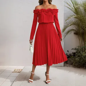 2025 New Cross-border Date Party Elegant and Sweet Style One-shoulder Long-sleeved Solid Color Women's Dress