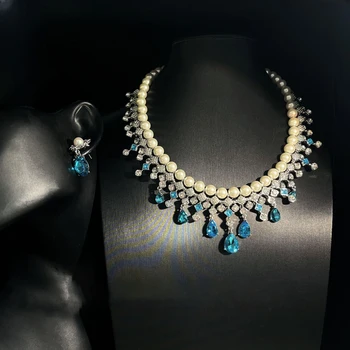 Luxury Elegant Pearl Blue Gemstone Diamond - Adorned Jewelry Set for Women