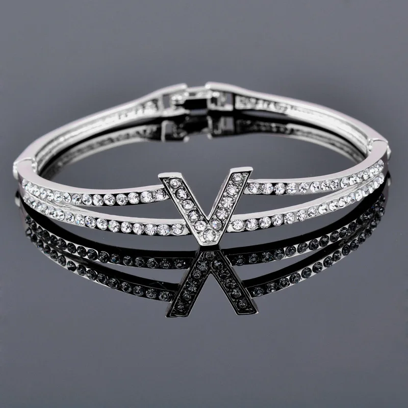Luxury Waterproof Tarnish Bangle Double V Bracelet Zircon Diamond 925