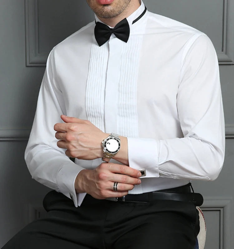 Mens White Black Cotton Dress Covered Button Collar Male Work Shirt