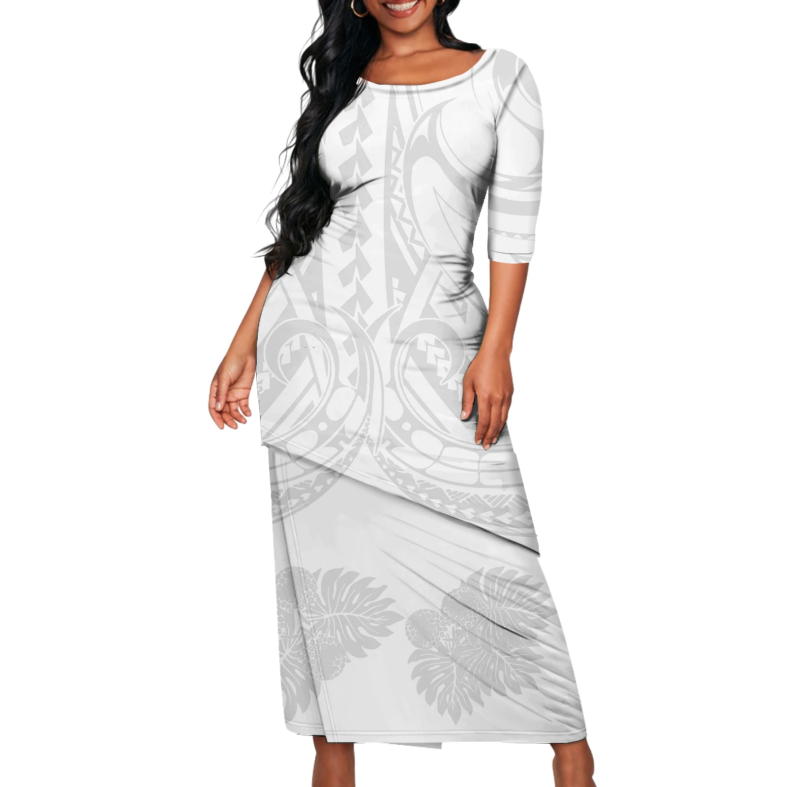 Island Two Pieces Puletasi Hawaii White Polynesian Tribal Print Lady O-neck  Top and SKirt 2 Pcs Puletasi Dresses for Party Dress