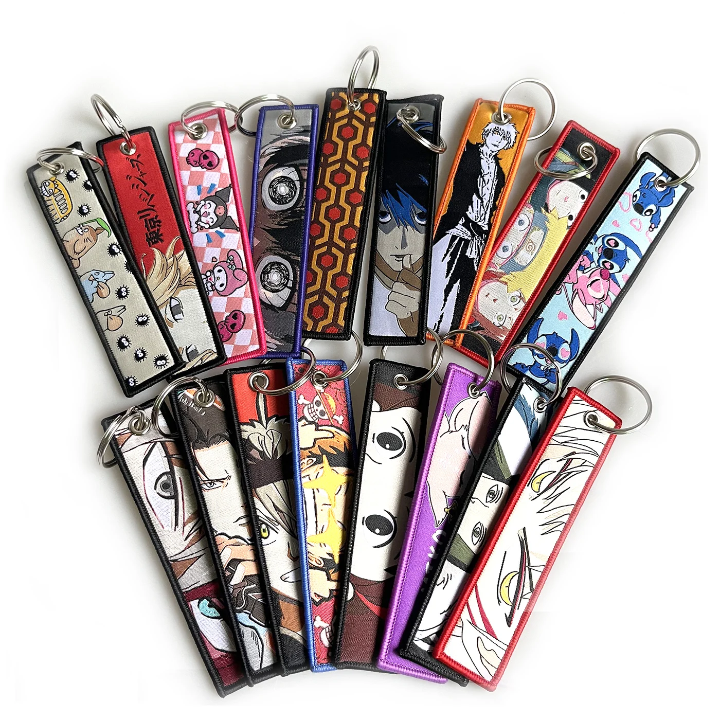 100 Designs High Quality Factory Custom Key Ring Anime Fabric Keyring Satoru Gojo Woven Logo Jet Tag Key Chain Embroidery