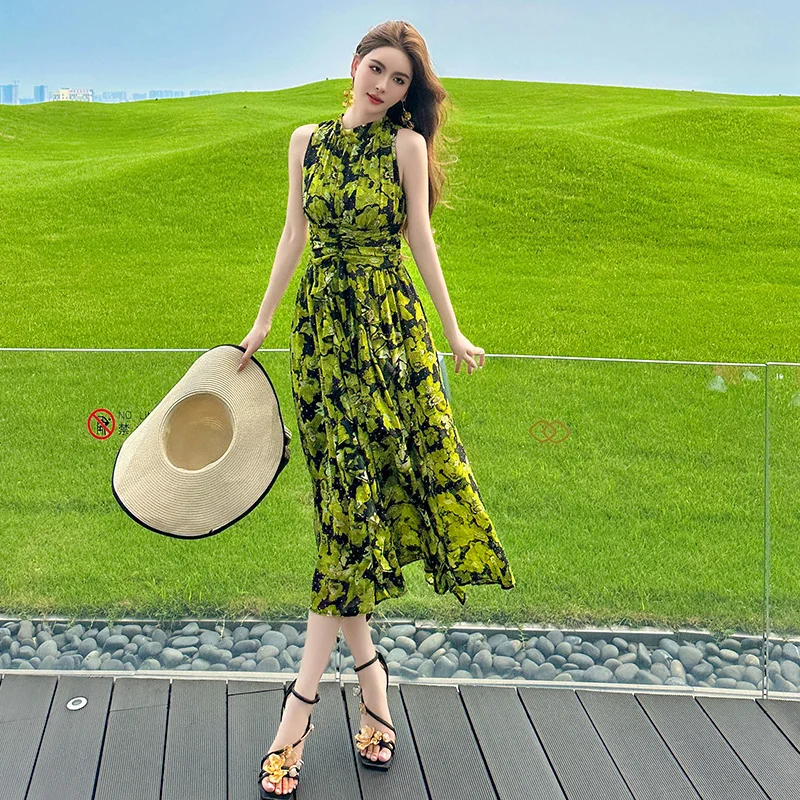 green boho summer dress Women's Green Floral Maxi Dress Halter Backless Boho Summer Beach Gown