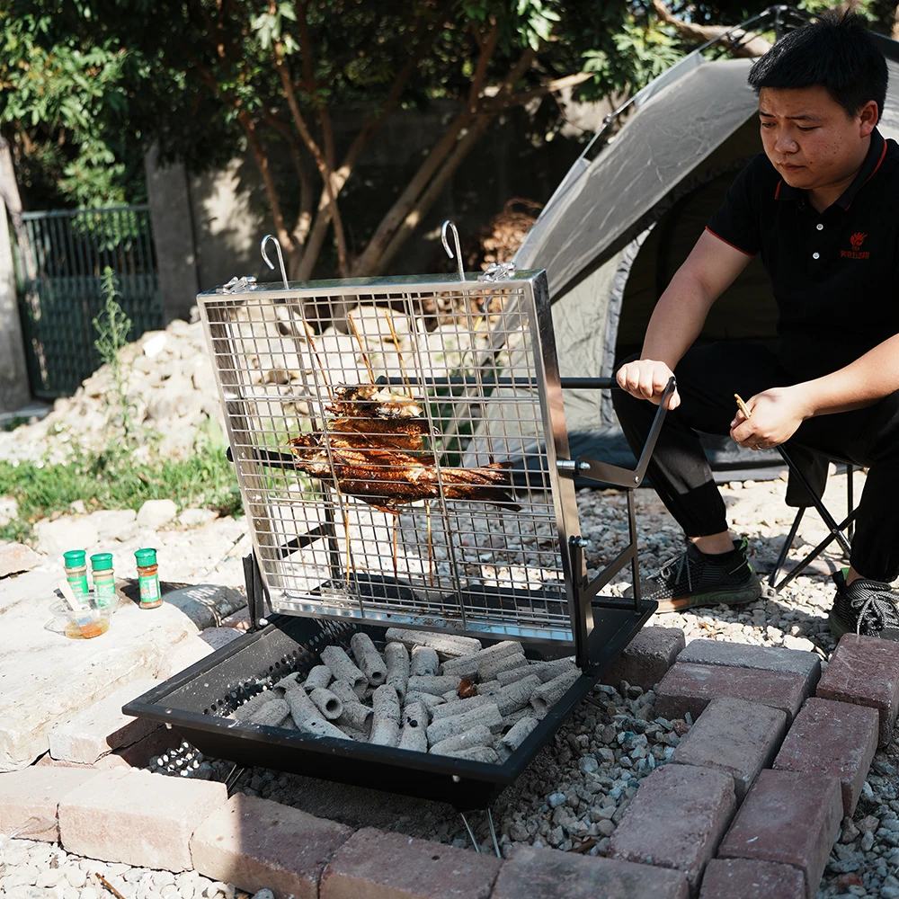 Outdoor Courtyard Camping Revolving Grid Rotatable Roaster Meat Grill Manual Flip Charcoal BBQ Rotary Grill