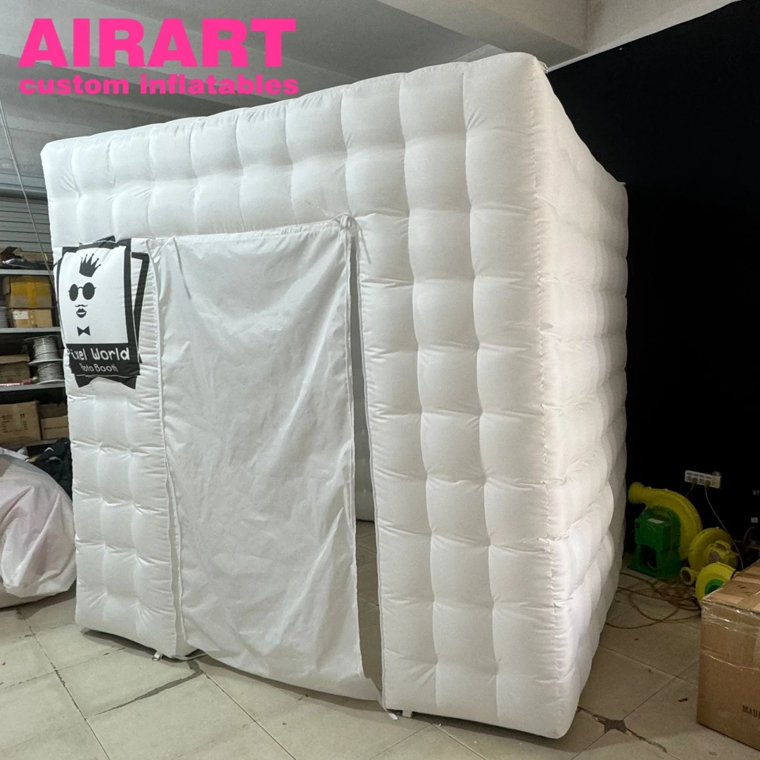 White Color Photobooth Printed Logo Inflatable Photo Booth With LED Light Cube Inflatable White Photobooth