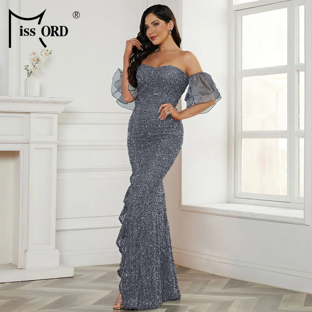 Off The Shoulder Ruffles Slit Sheath Grey Sequin Long Sexy Evening Dress For Women