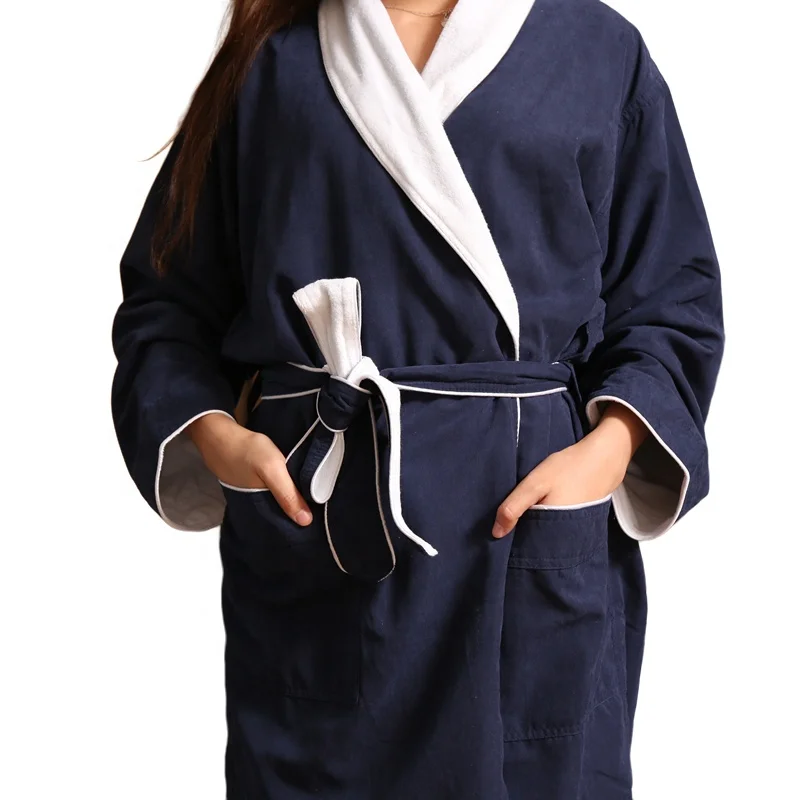Wholesale Hotel Spa Robe Luxury Dark Blue Terry Lined Microfiber Shawl Collar 100% Cotton Bathrobe Women Men Sleepwear Adults