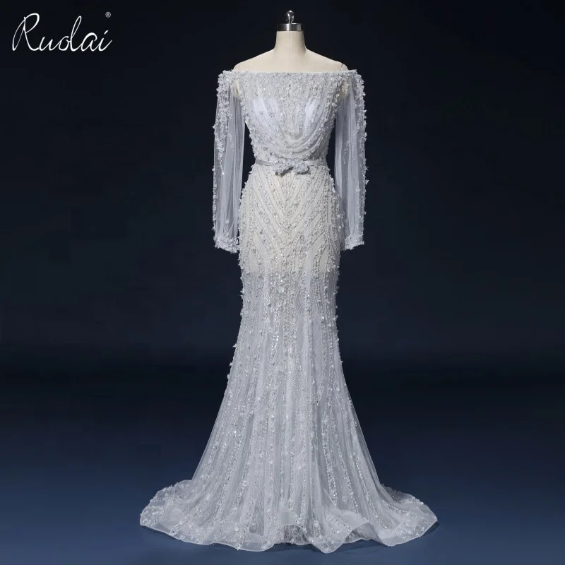 PEV-L3058 Luxury Heavy Beaded Party Gowns See Through Long Sleeve Customized Sexy Off Shoulder Evening Dress From Istanbul
