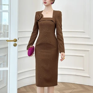 ZYHT 21887 Brown Glitter Midi Dress with Square Neck & Long Sleeves Dresses Shoulder Flower Embellishment & Bodycon Dress
