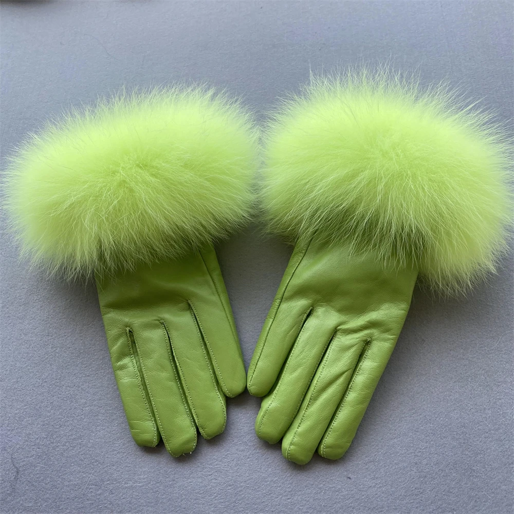 Big Real Fox Fur Cuffs Women Wholesale Genuine Sheepskin Motorcycle Leather Gloves Windproof 9244