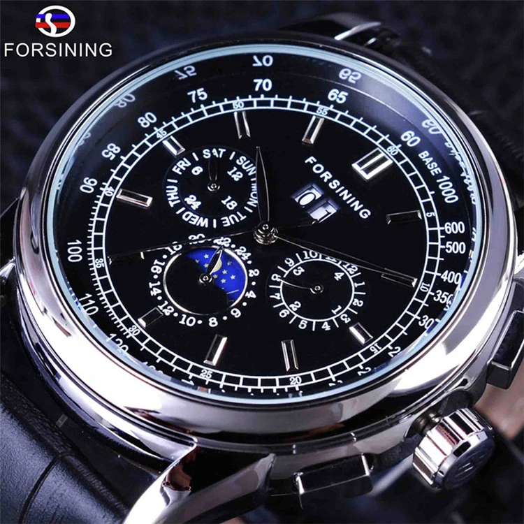 FORSINING GMT912 Luxury Moon Phase Design Genuine Leather Watch - Main Image
