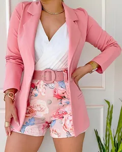 Latest Design Fashion Ladies Blazer and Shorts Sets Printed Elegant Women Blazer Set for Women With Belt