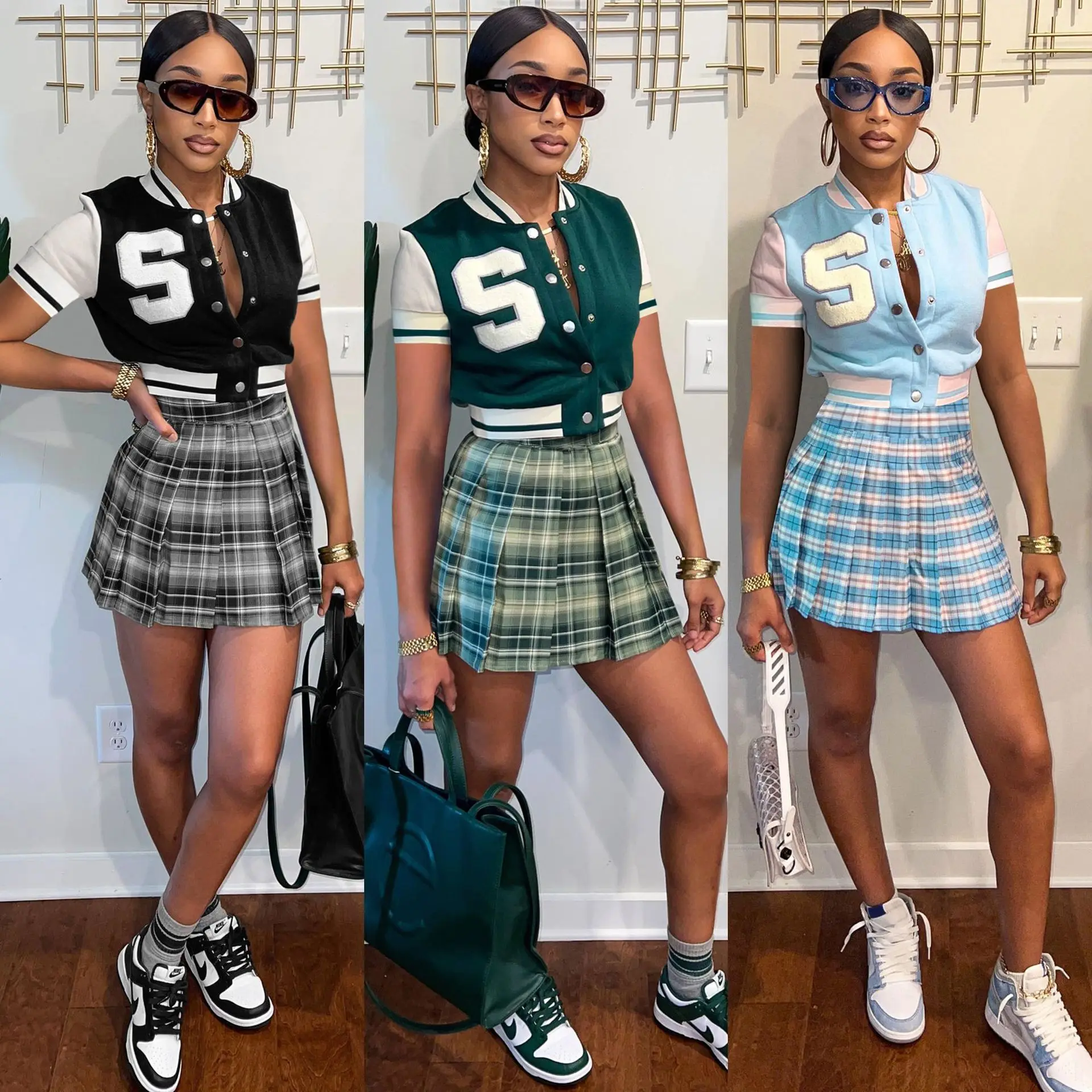 Jl491 2022 Summer Outfits Two Piece Jersey Casual Plaid Dresses Cute Girls'  Baseball Jackets 2 Piece Pleated Skirt Sets - Buy Varsity Jacket Set,Women  Jacket And Shorts Set,Shorts And Jacket Set Women