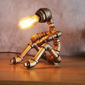 American Retro Industrial Style Table Lamp Creative Robot Design Desk Light Water Pipe Small Bar Metal Shade Simple for Study