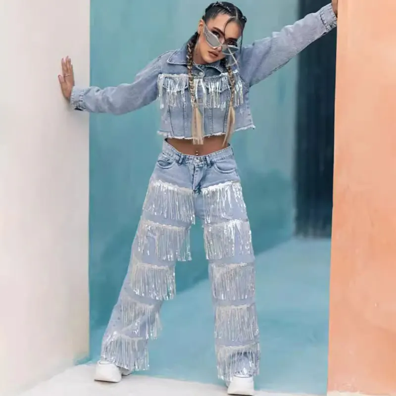 New High Street Fashion Women's Straight Jeans for Sehe with Tassel Design Sequin Embellished Breathable Denim Pencil Pants