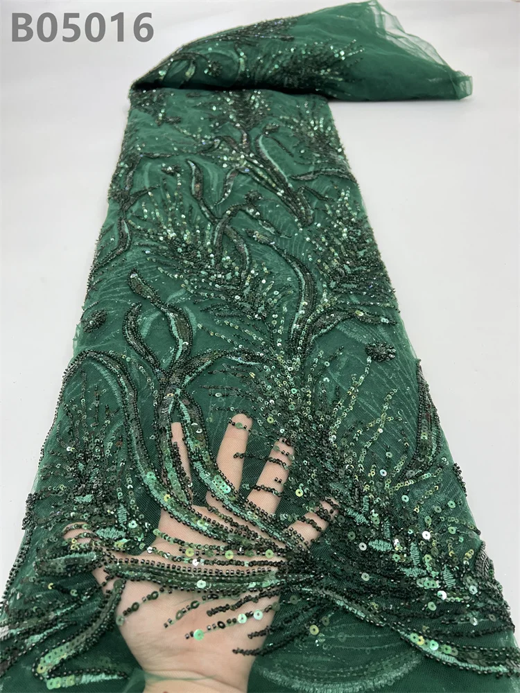 Emerald Green Sequins Beaded Lace Fabric