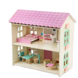 Wooden DIY Pink Castle Villa Doll House Simulates Balcony Bedroom Furniture