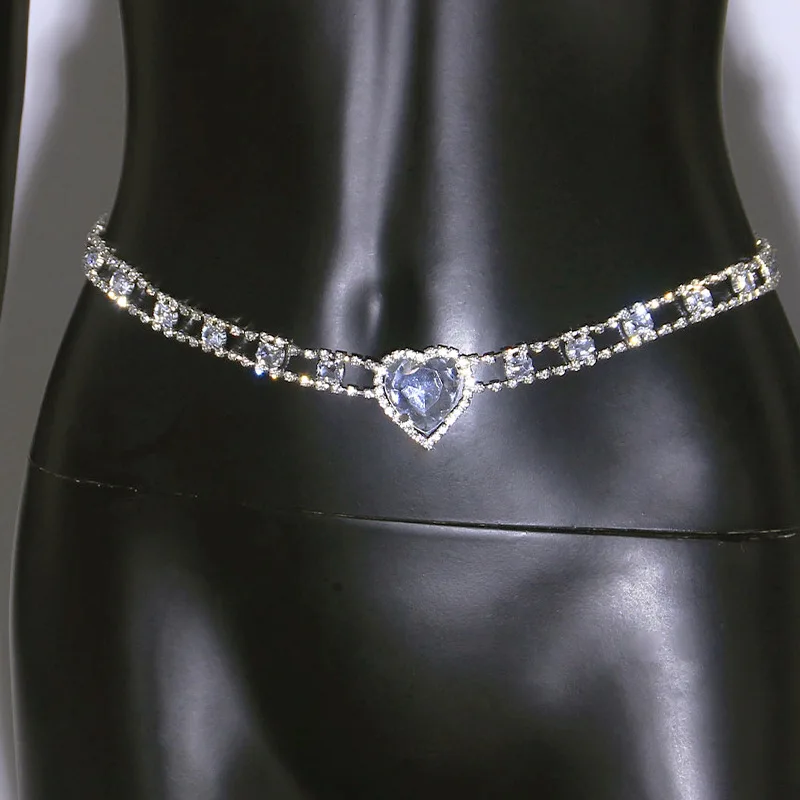 Luxury Chunky Diamond Rhinestone Chain Blue Heart Waist Chain Body Jewelry