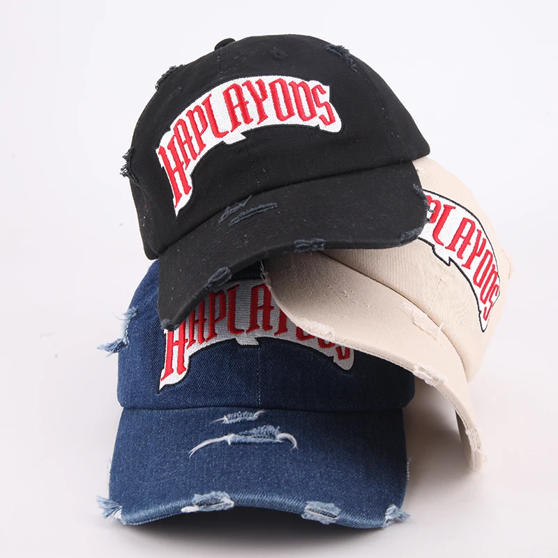 Factory Wholesale High Quality Custom Logo Broken Distressed Denim Baseball Cap 6 Panel Unstructured Denim Dad Hat