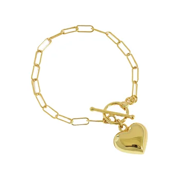 Qimei 925 Silver Jewelry 18K Gold Ot Clip Buckle Chunky Love Heart Charm Paperclip Chain Bracelet for Ladies