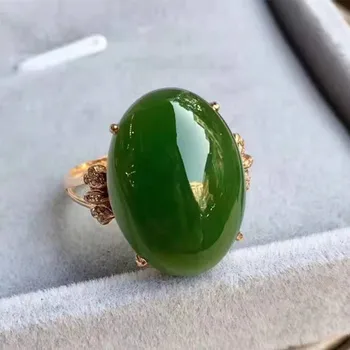 Chinese elegant jade gemstone jewelry with diamond 18k gold 13x18mm natural green hetian jasper ring