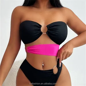 Custom Logo One Piece Cute Swimsuits Stripe Monokini  Bandeau Swimwear for Women 2026