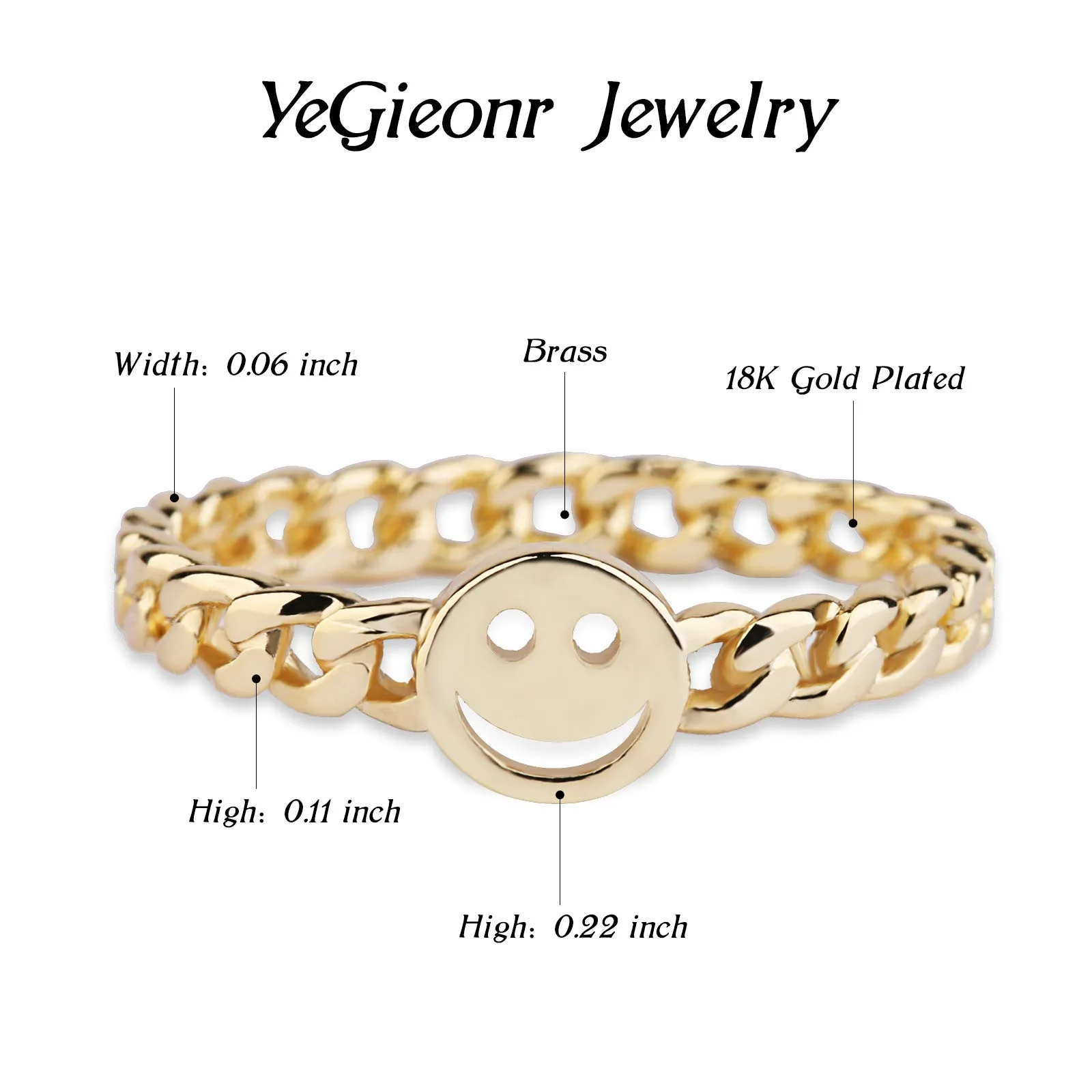 YeGieonr Gold Smiley Face Ring Happy Face Ring with Cute Chain Link Good Luck Stackable Rings for Women 