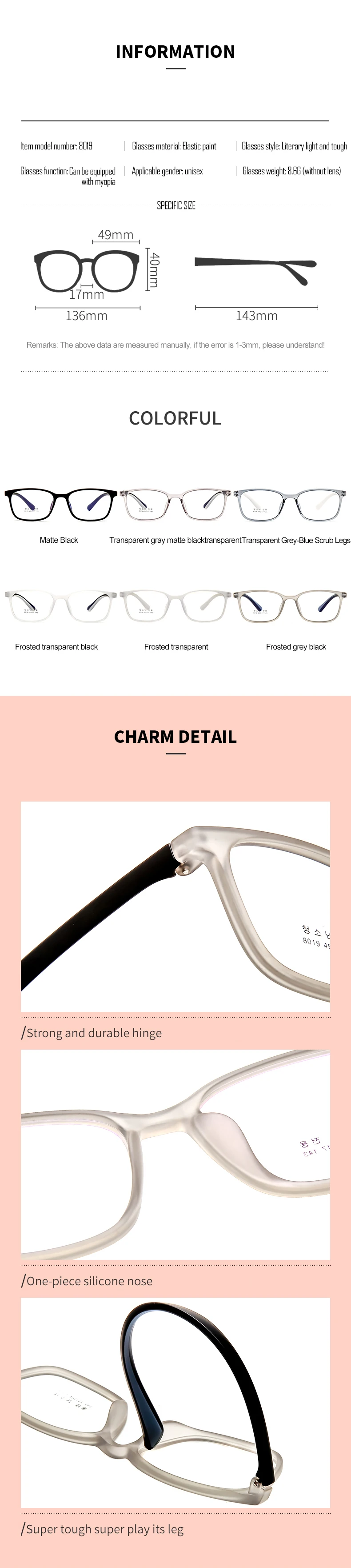 Fashion Transparent Elastic Paint Glasses Frame Cheap Tr Glasses