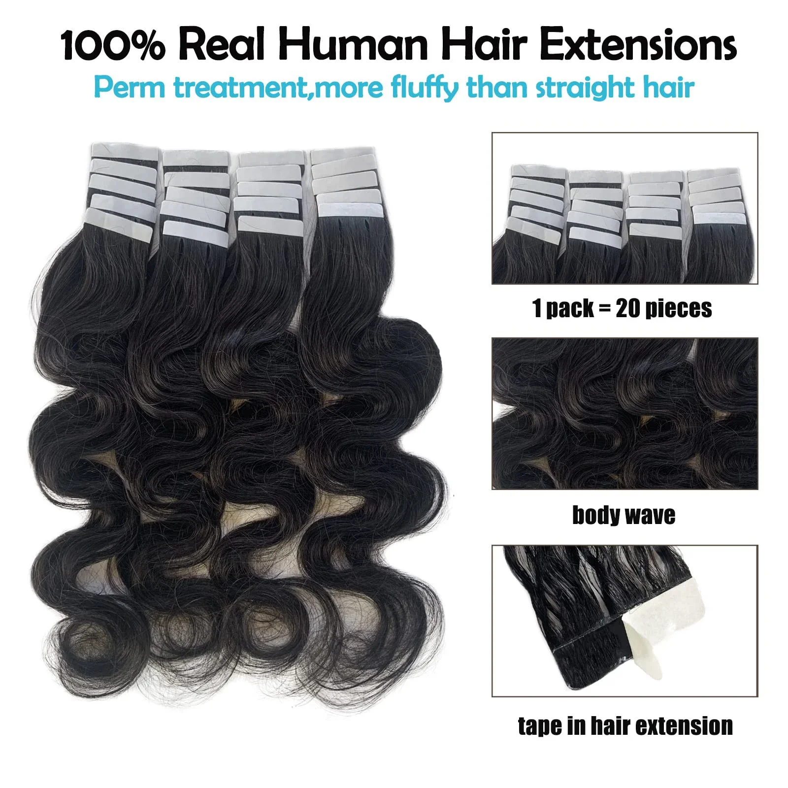 Body Wave Tape In Hair Extensions Brazilian Natural Seamless Skin Weft Real Human Hair 20Pcs_voghion.com
