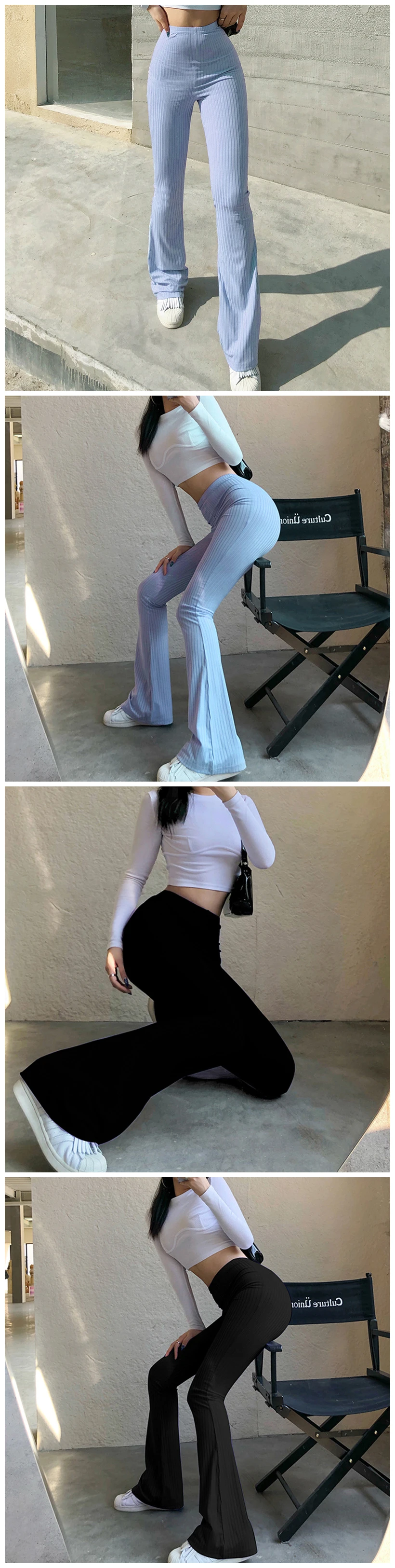 Women Sexy High Waist Bodycon Bell Bottom Pants Black Lace Up 2021