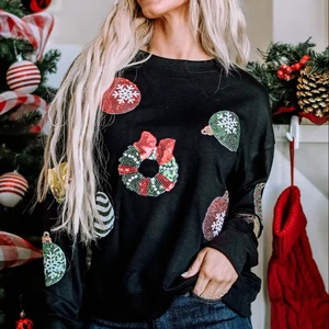 LYG Bestselling Custom Christmas Casual Sequin Embroidery Pattern Knitted Long Sleeve Crew Neck for Autumn/Winter Front Logo