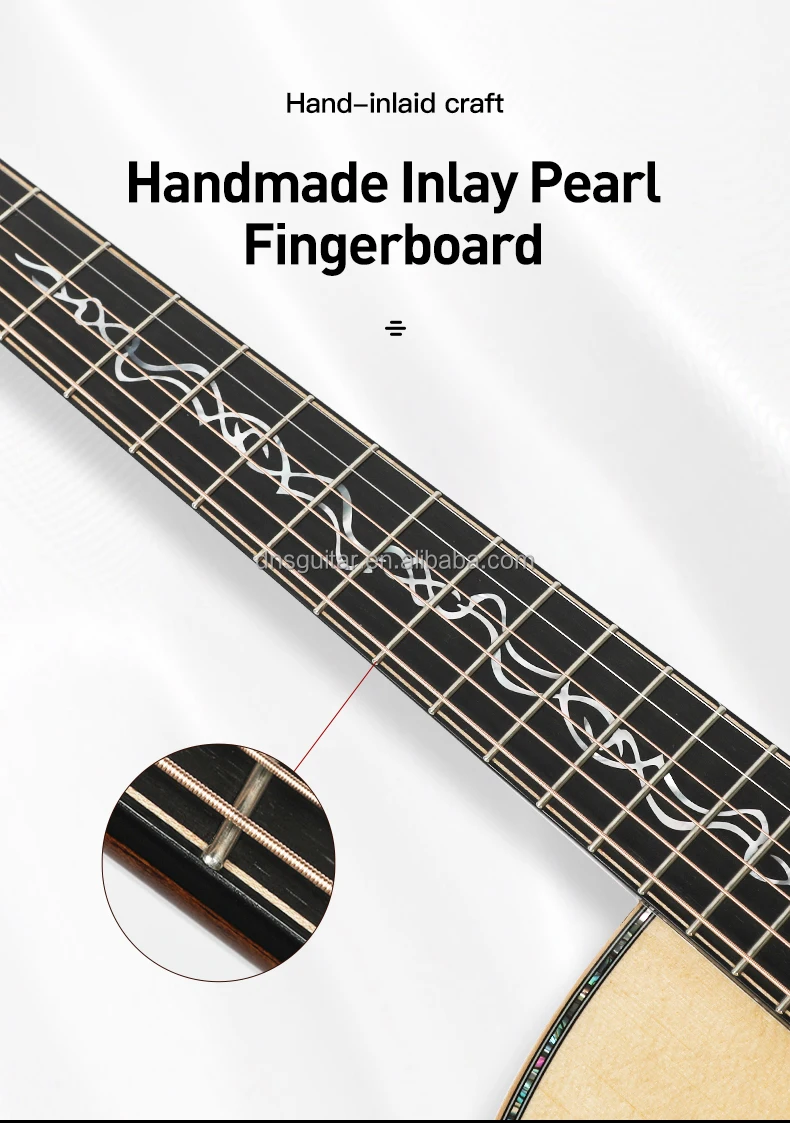 OEM Sitka-Fichtenholz Massivholz-Akustikgitarre Handgefertigte Einlegearbeit Perlmutt-Ebenholz-Griffbrett Gitarre Akustikgitarre Vollmassive Gitarre Mit Tasche – Detail 5