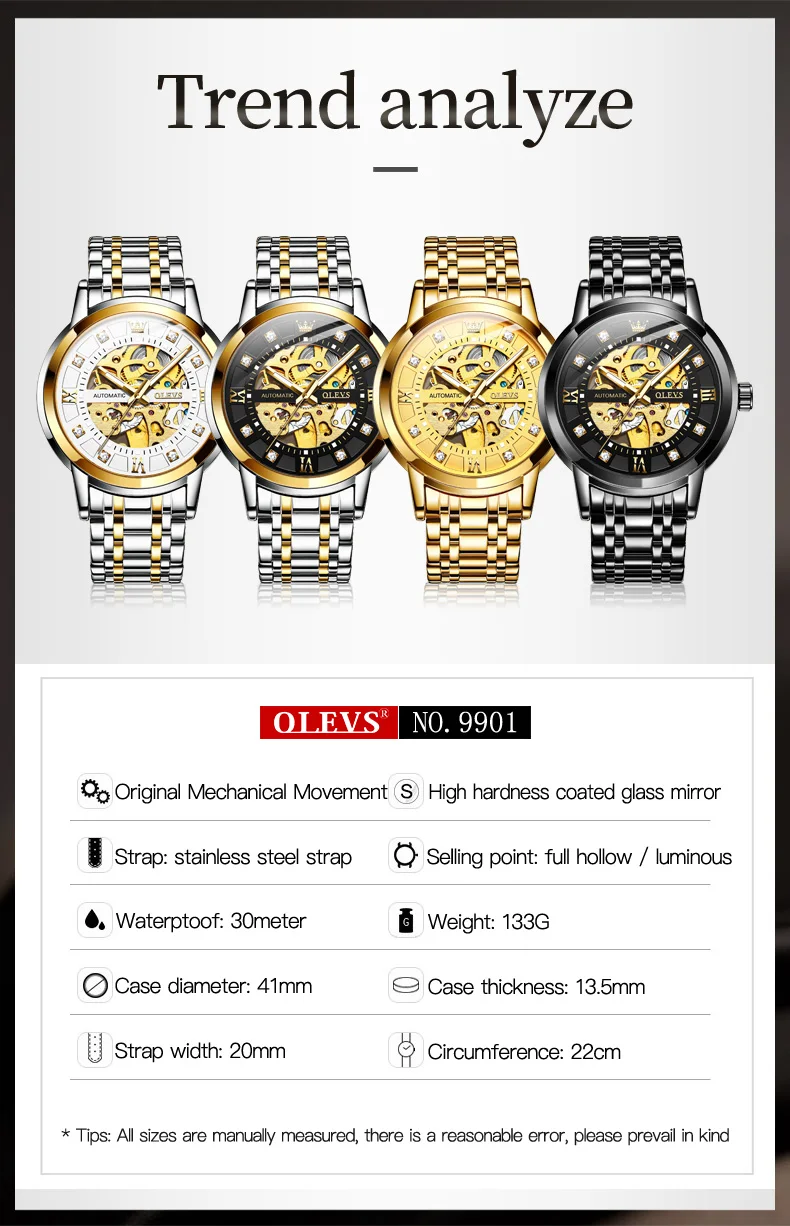 OLEVS 9901 Men's Automatic Mechanical Movement Watches Waterproof Luminous Diamond Design Luxury Brand Business Wrist Watch