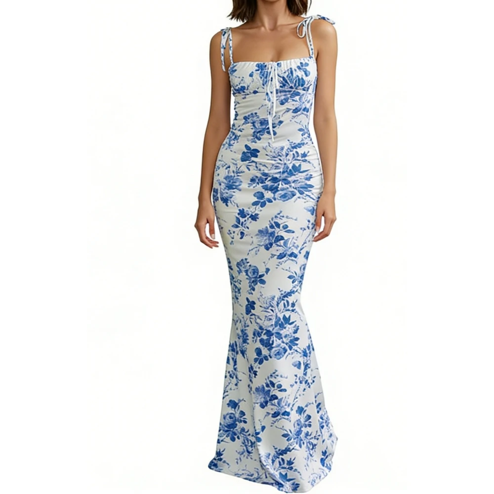 Women's Tie Strap Ruched Bust Maxi Dress Floral Print Bodycon Mermaid Hem  Formal Evening Gown Dresses Sehe Fashion| Alibaba.com