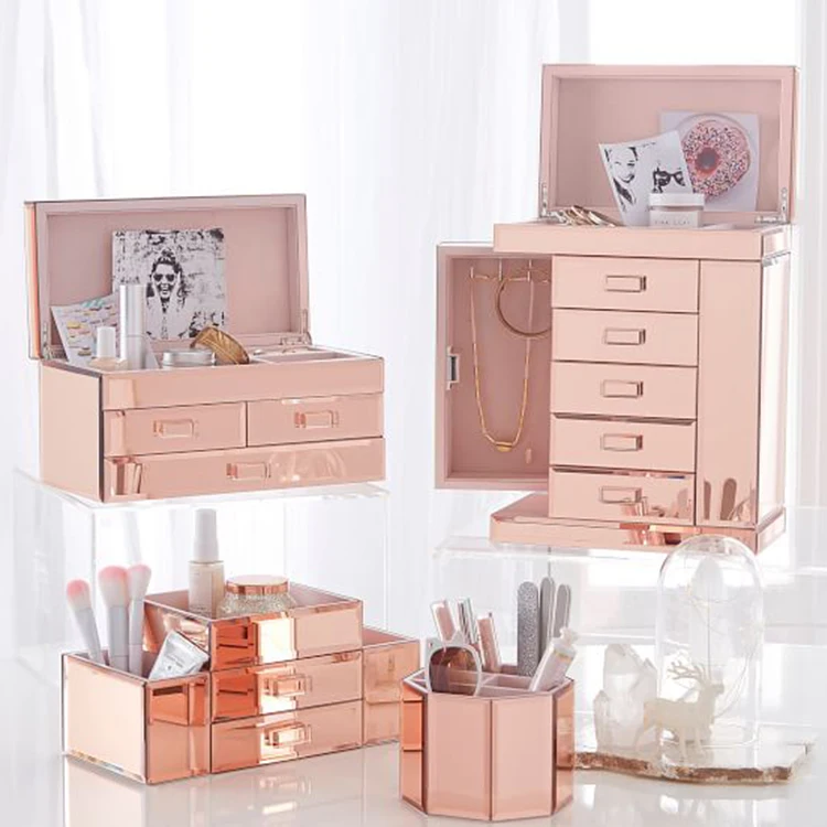 Glass Rose Gold Jewelry Box Custom Logo Mirrored