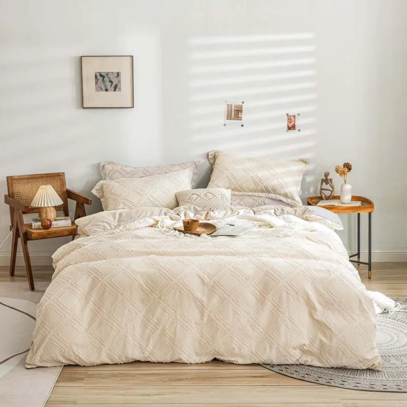 New Bohemian Plush Winter Diamond Grid Textured Tufted Queen Size Comforter Set