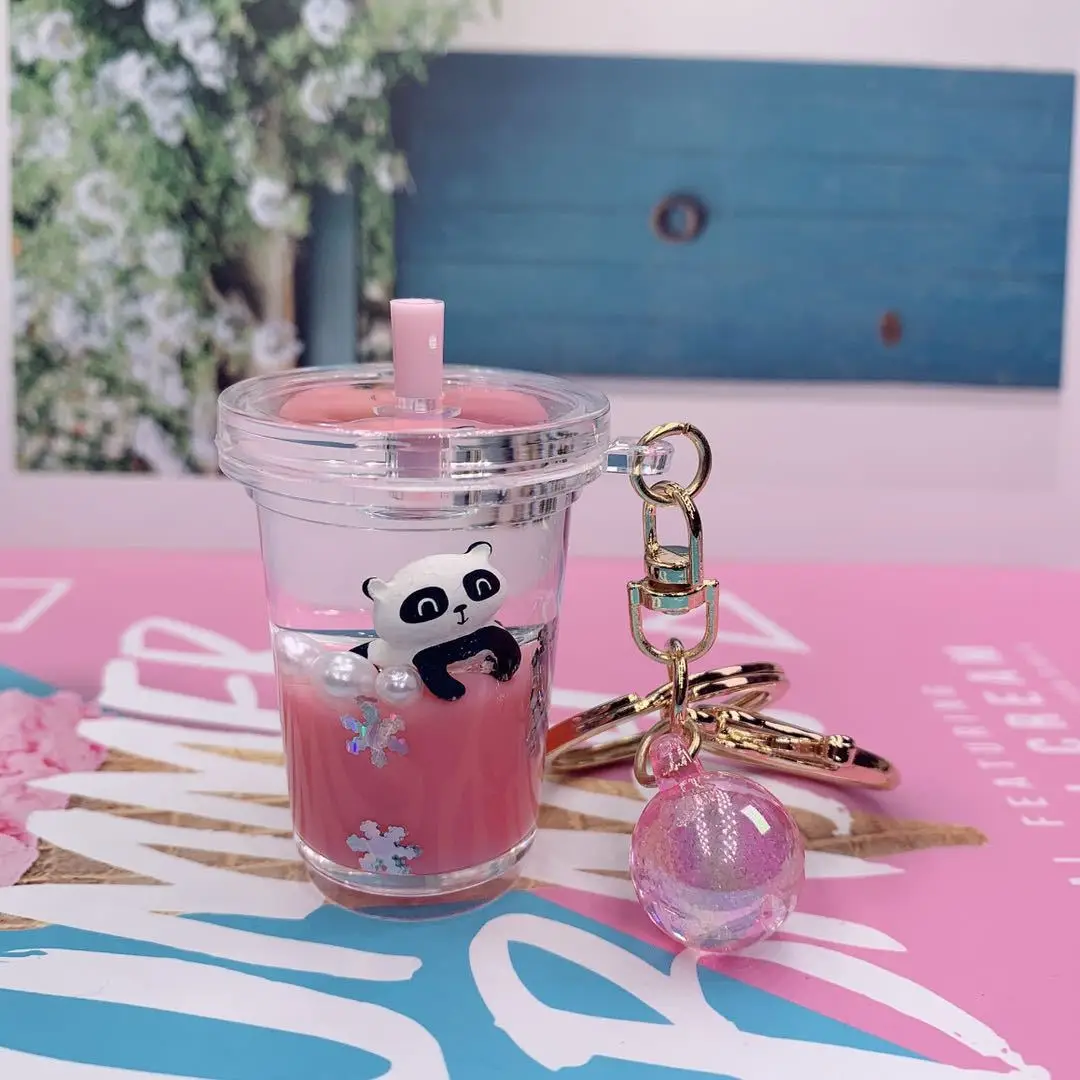INS Girl Into Panda Floating Quicksand Liquid Milk Tea Cup Keychain Keyring Bag Pendant