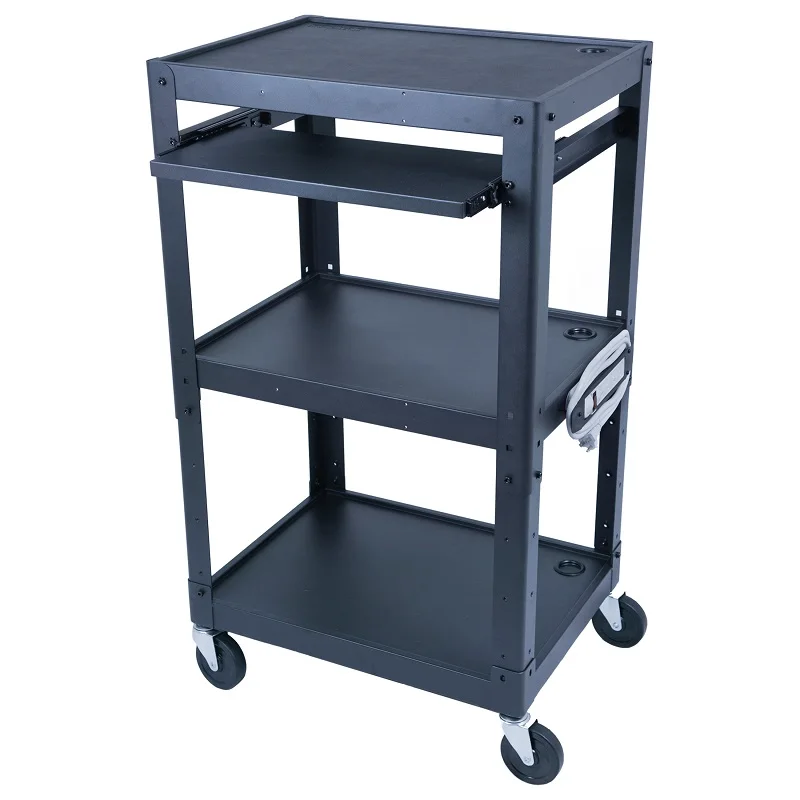 Audio Visual Workstation Cabinet With Power Strip Mobile Desk Presentation Height Adjustable Computer Cart