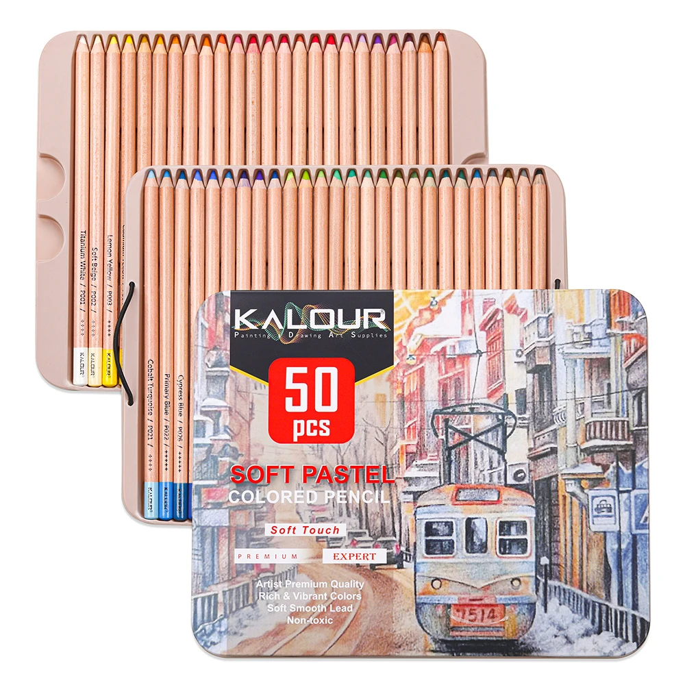 Kalour Professional 50 Pastel Colored Pencil In Tin Box With Vibrant