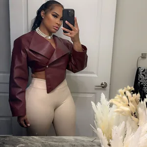 GX7277 Fashion 2025 Spring Fall Long Sleeve Single Button Lapel V-Neck Pu Leather Motorcycle Irregular Women Cropped Jacket