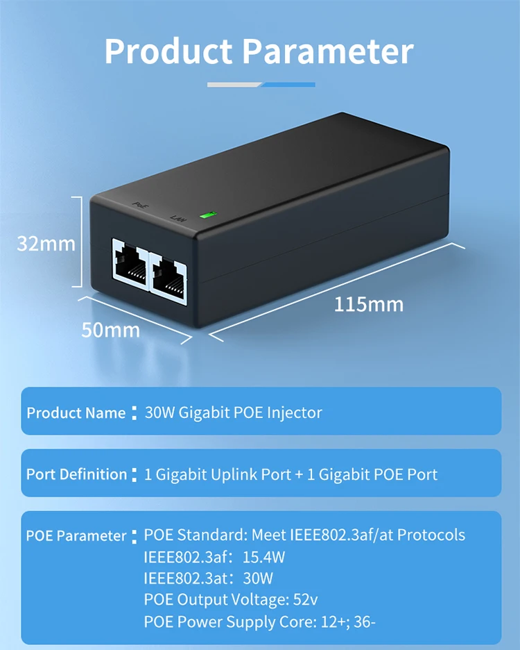 Gigabit POE Injector 30W with IEEE 802.3at/af Plug and Play 1000Mbps PoE Injector Adapter for IP Camera,Wireless AP,Surveillance
